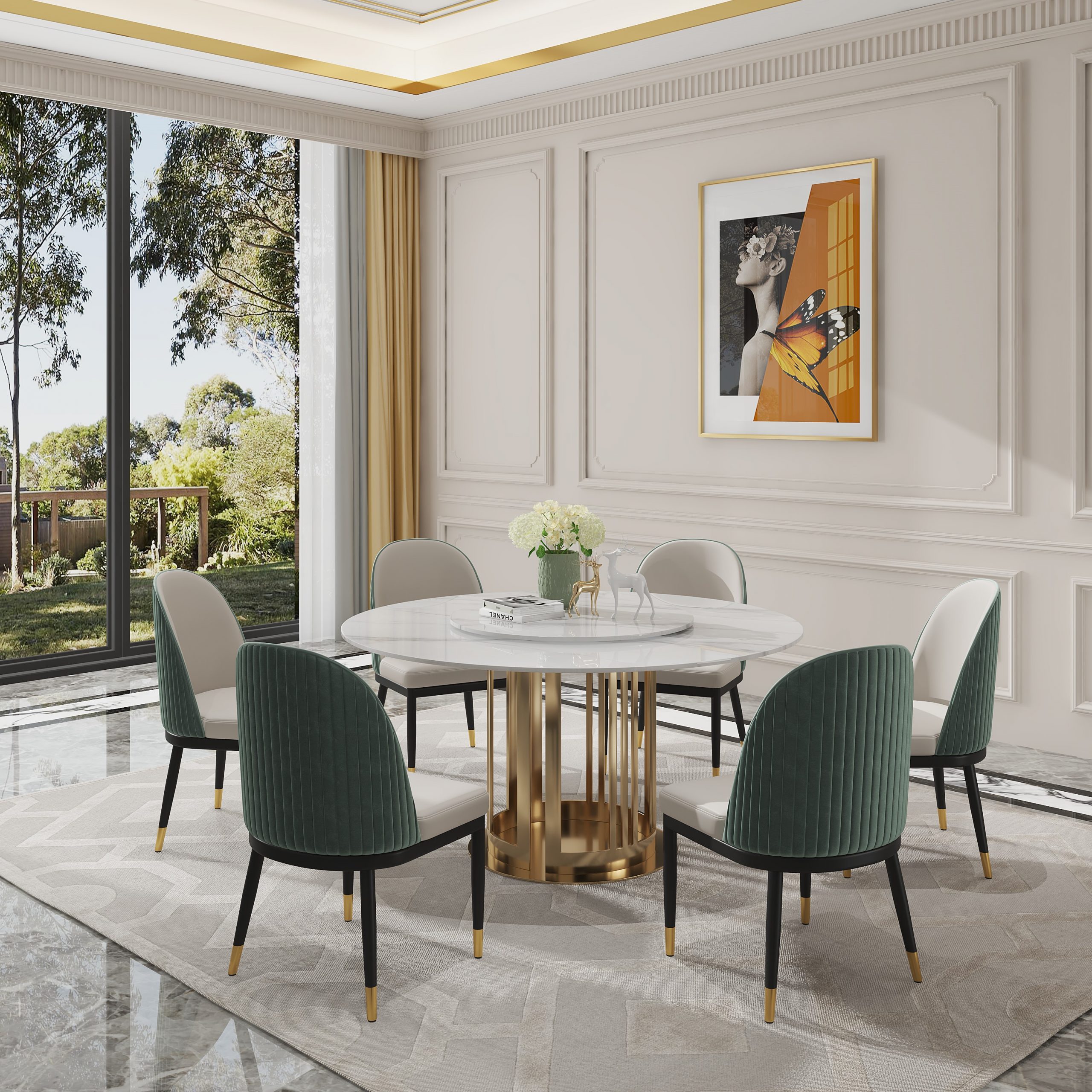 6 Pale Green Dining Chairs & A Modern Dining Table